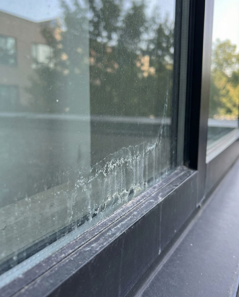 Close-up of white mineral buildup and hard water stains on window glass