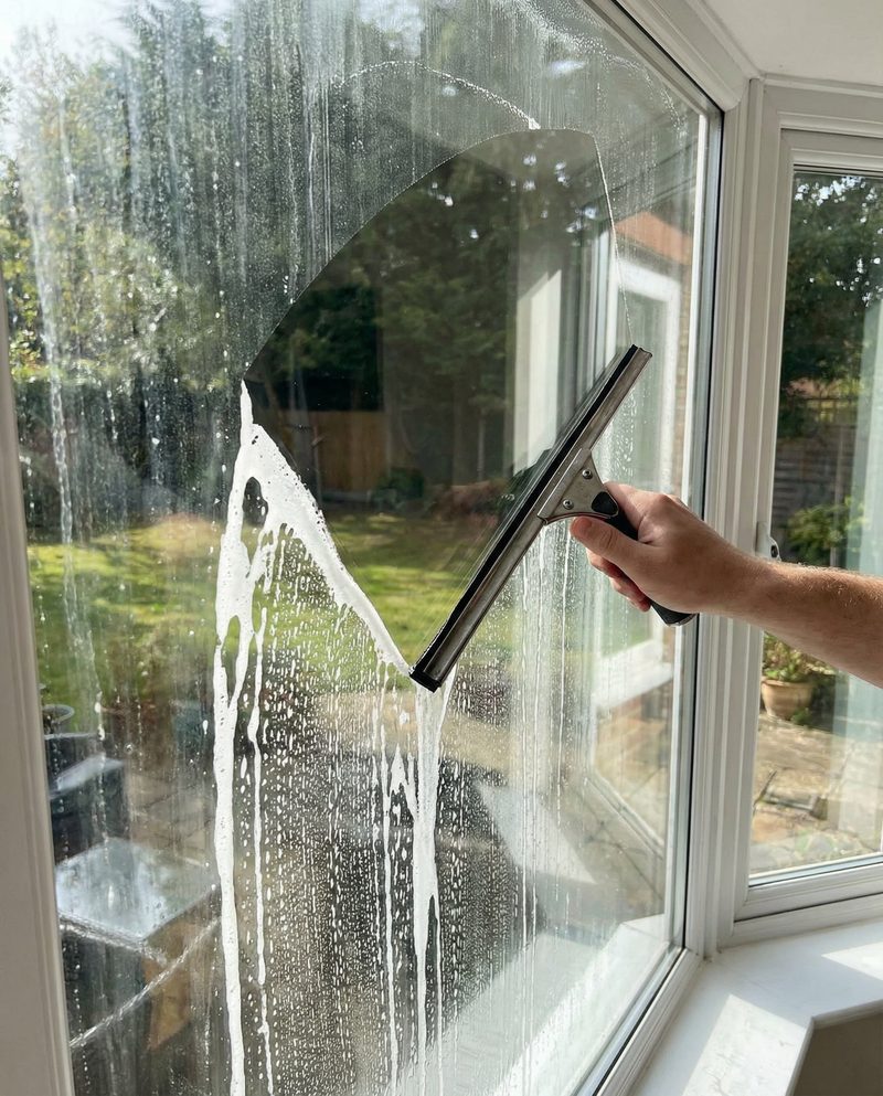 Detail shot of hand-cleaning interior window with professional technique